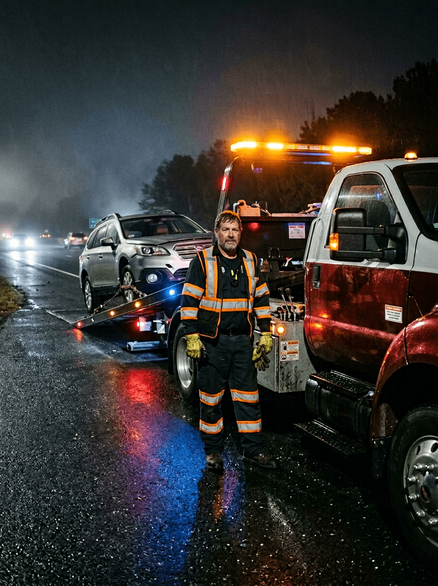 Rescue worker stands near tow trucks at a rainy night accident scene.