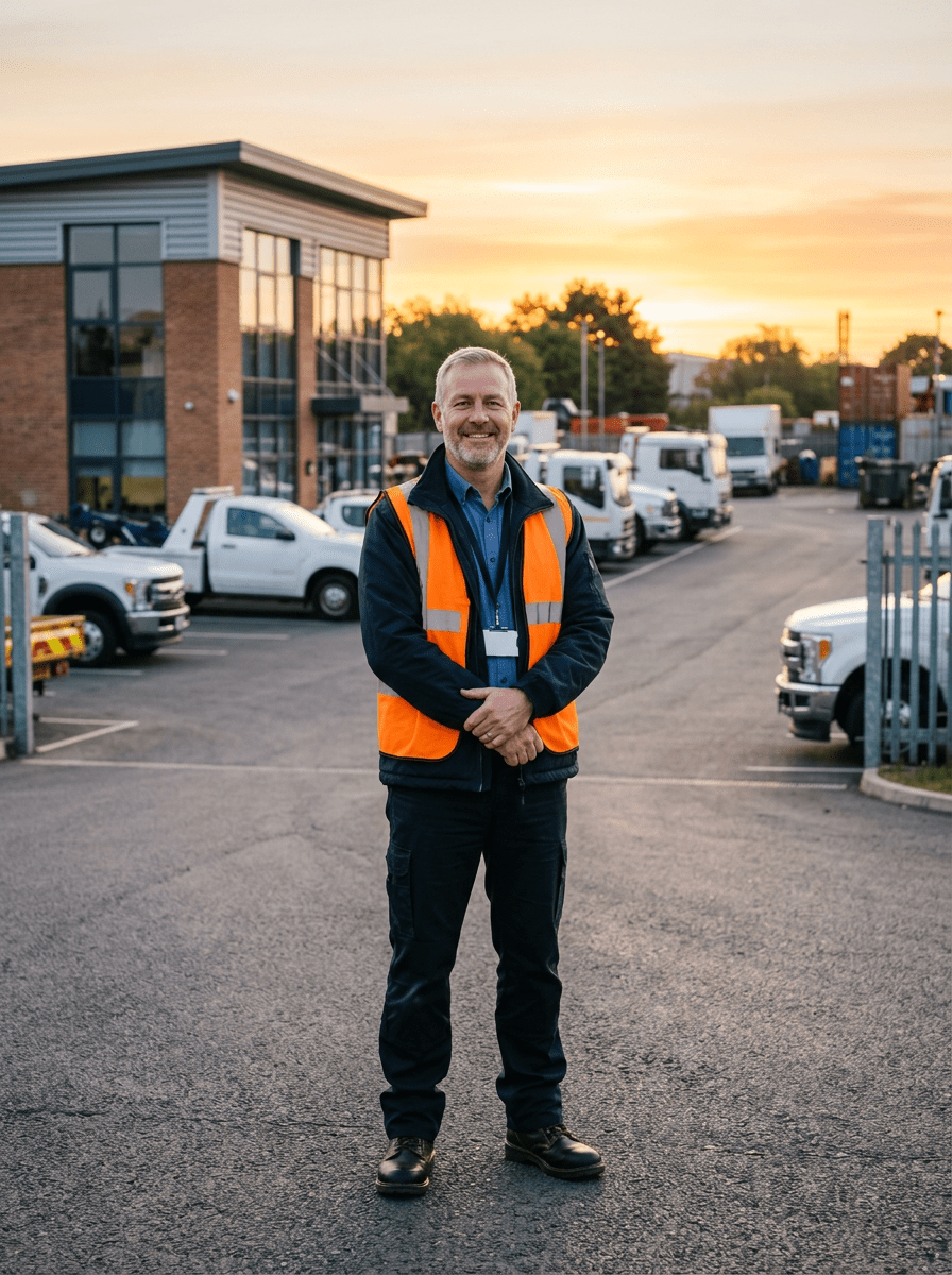 Man in safety vest standing in parking lot at sunset.