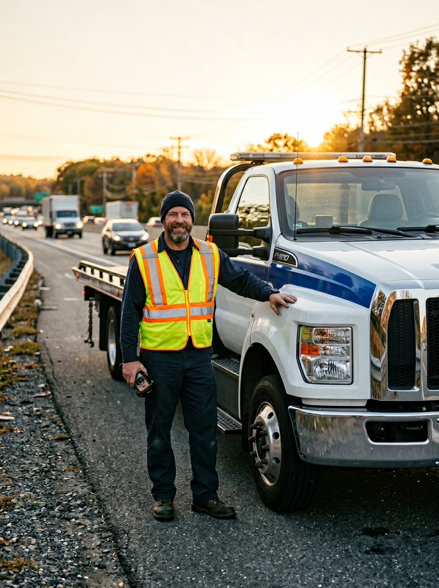 Construction worker with safety gear standing by a truck at sunset.