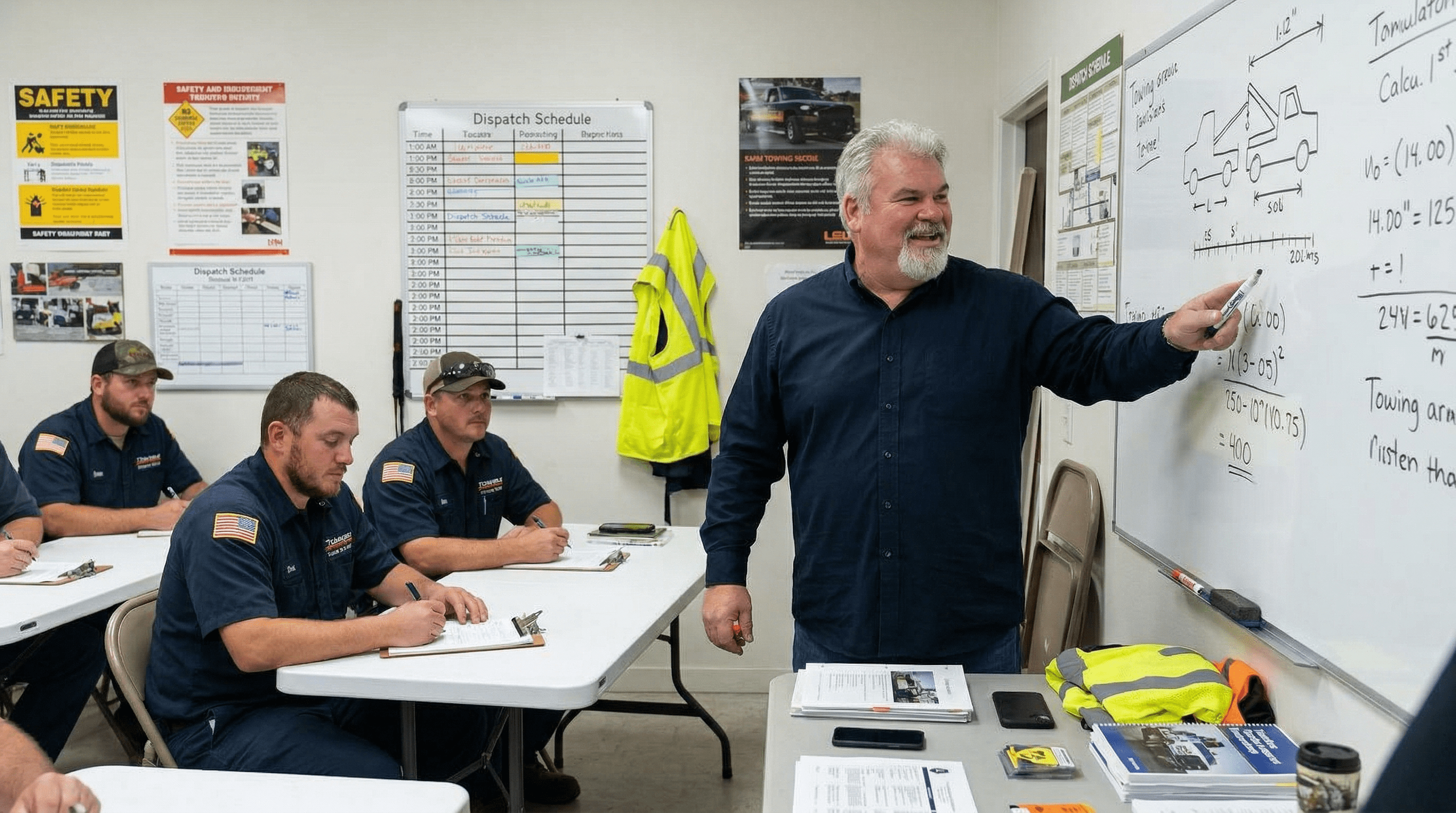 Man points while others listen in a meeting room with safety gear.