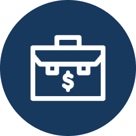 Icon of a briefcase with a dollar sign on a blue circle background.