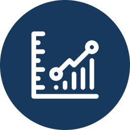 Icon of a bar chart with a line graph and ruler on a blue circle background.