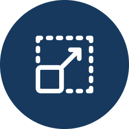 Icon of a resizing or scaling symbol in white on a blue circular background.