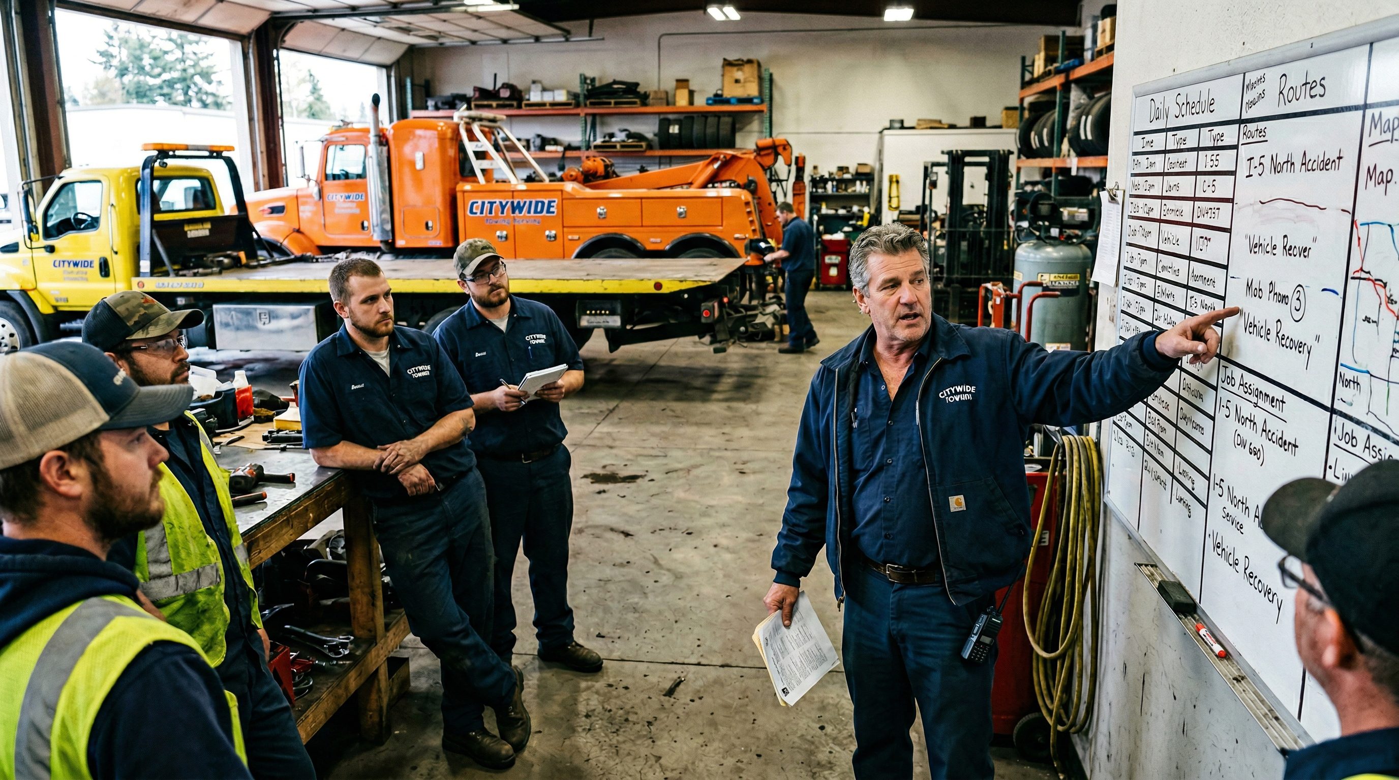 Four mechanics in a busy auto repair shop with an orange truck in the background.