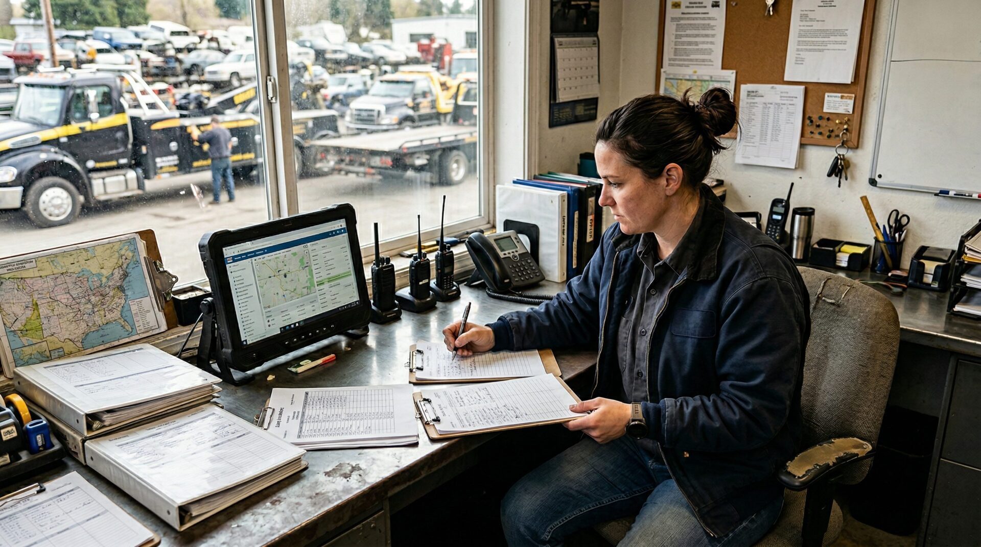 Woman working at a dispatch desk with maps and communication devices.