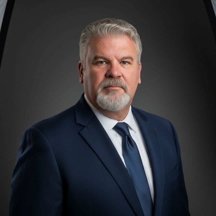 Bearded man in navy suit, studio portrait